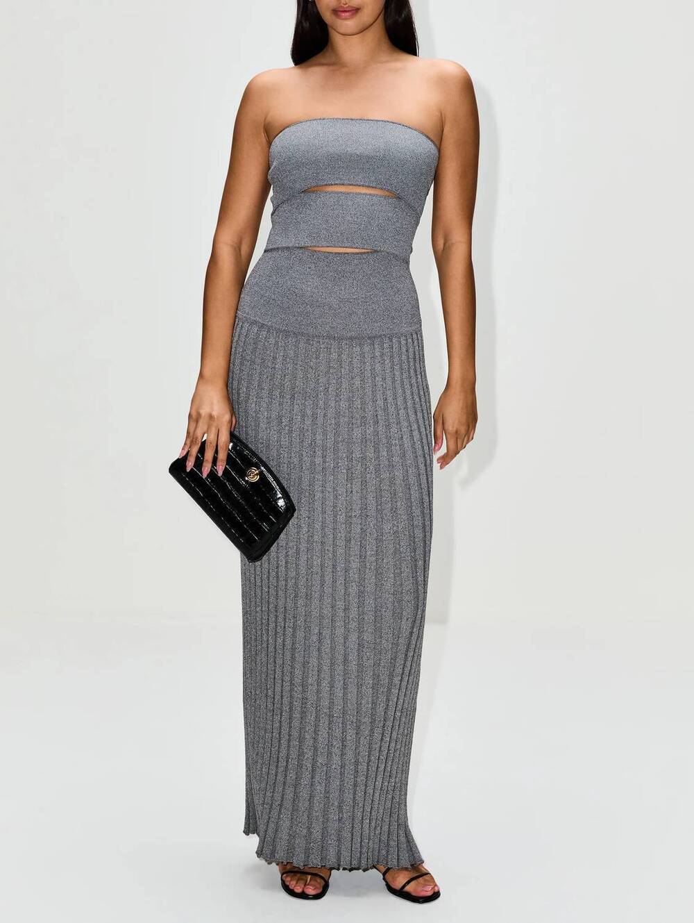 NEW CHRISTOPHER ESBER slashed sunray strapless dress in charcoal